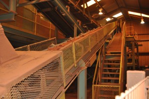 Conveyer taking raw material up to be pulverized.